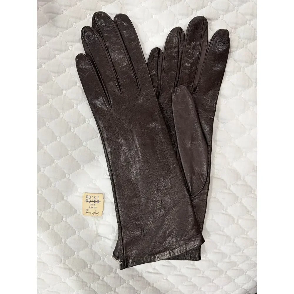 Saks Fifth Avenue Vintage Brown Leather Gloves Silk Lined Made in France Size 6